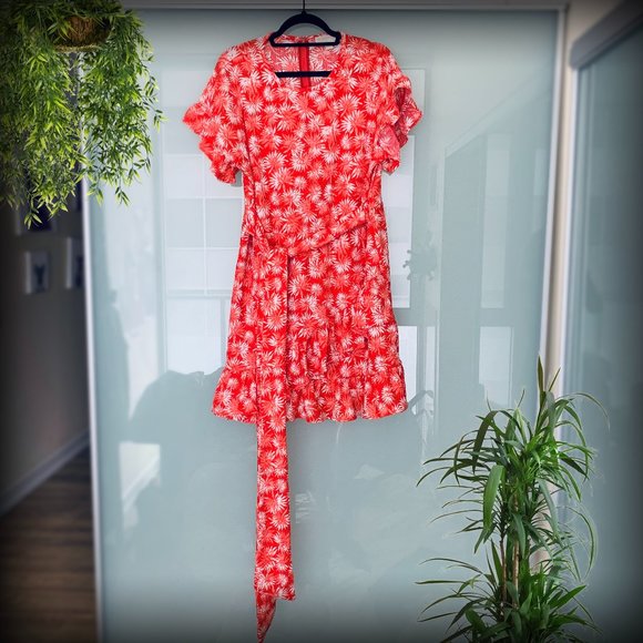 Michael Kors Red Ruffled Dress Floral Pattern - Size M - Picture 1 of 9